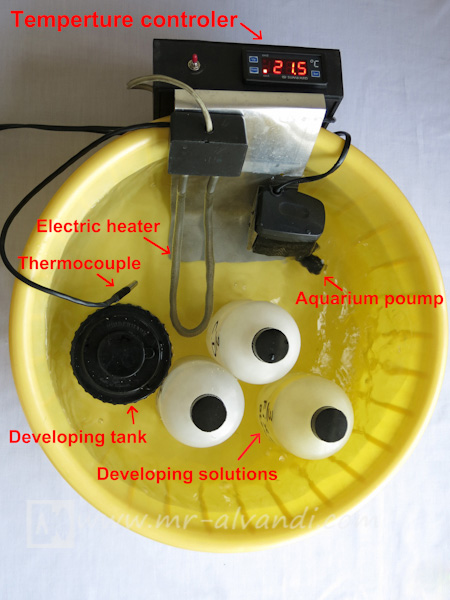 A bath for developing slide film
