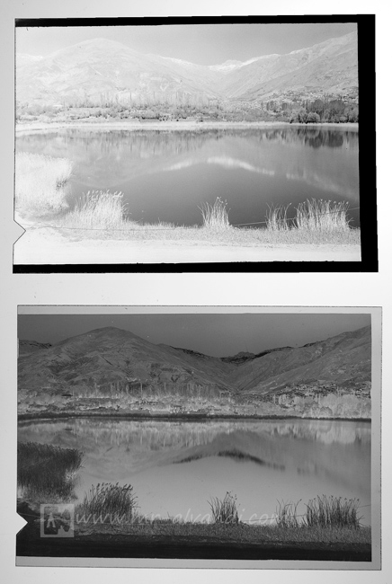 Fortepan 200 6x9 sheet film, negative and slide with overexposure on the light box